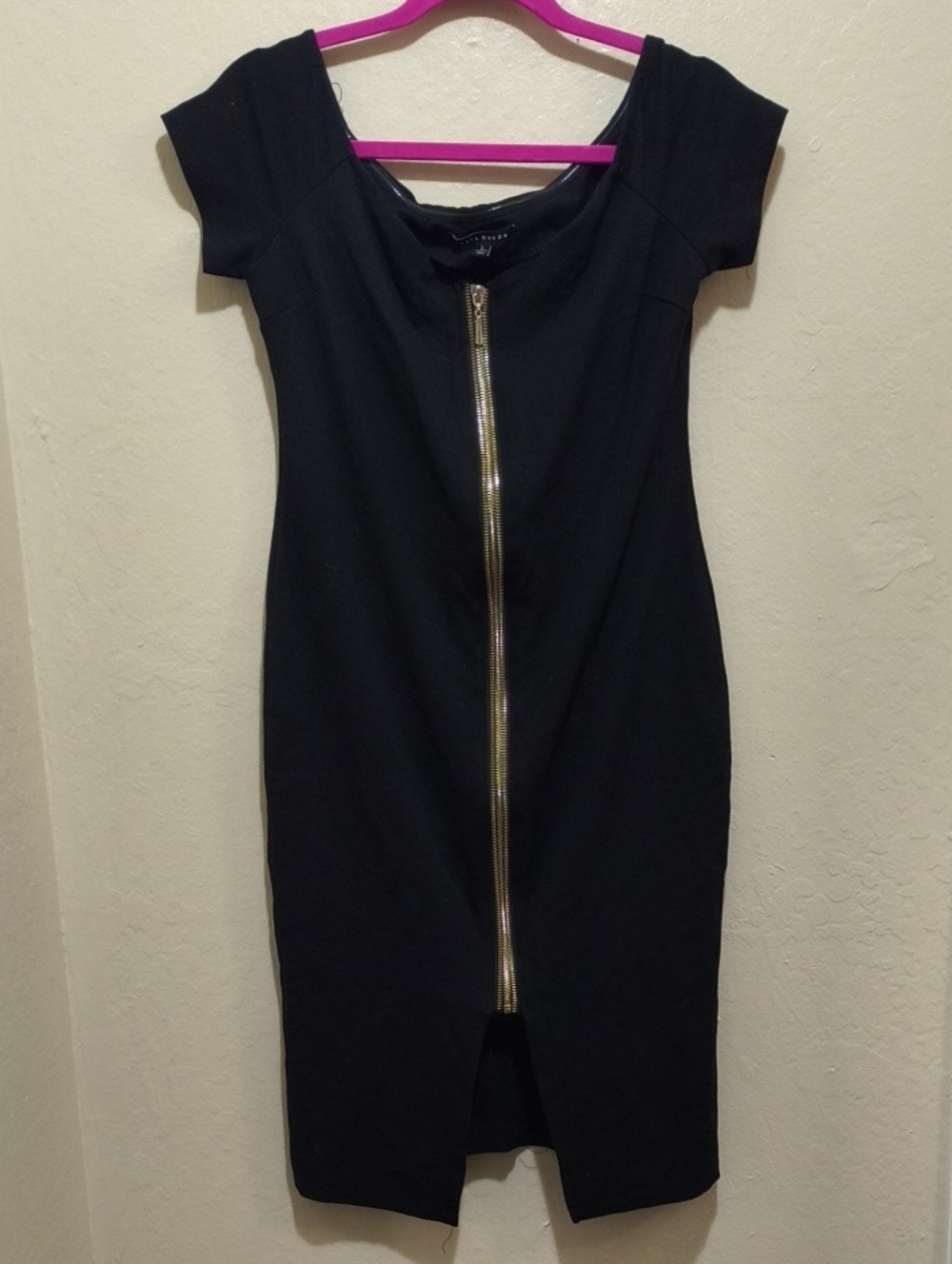 Haute Monde Black Midi Dress with Gold Front Zip